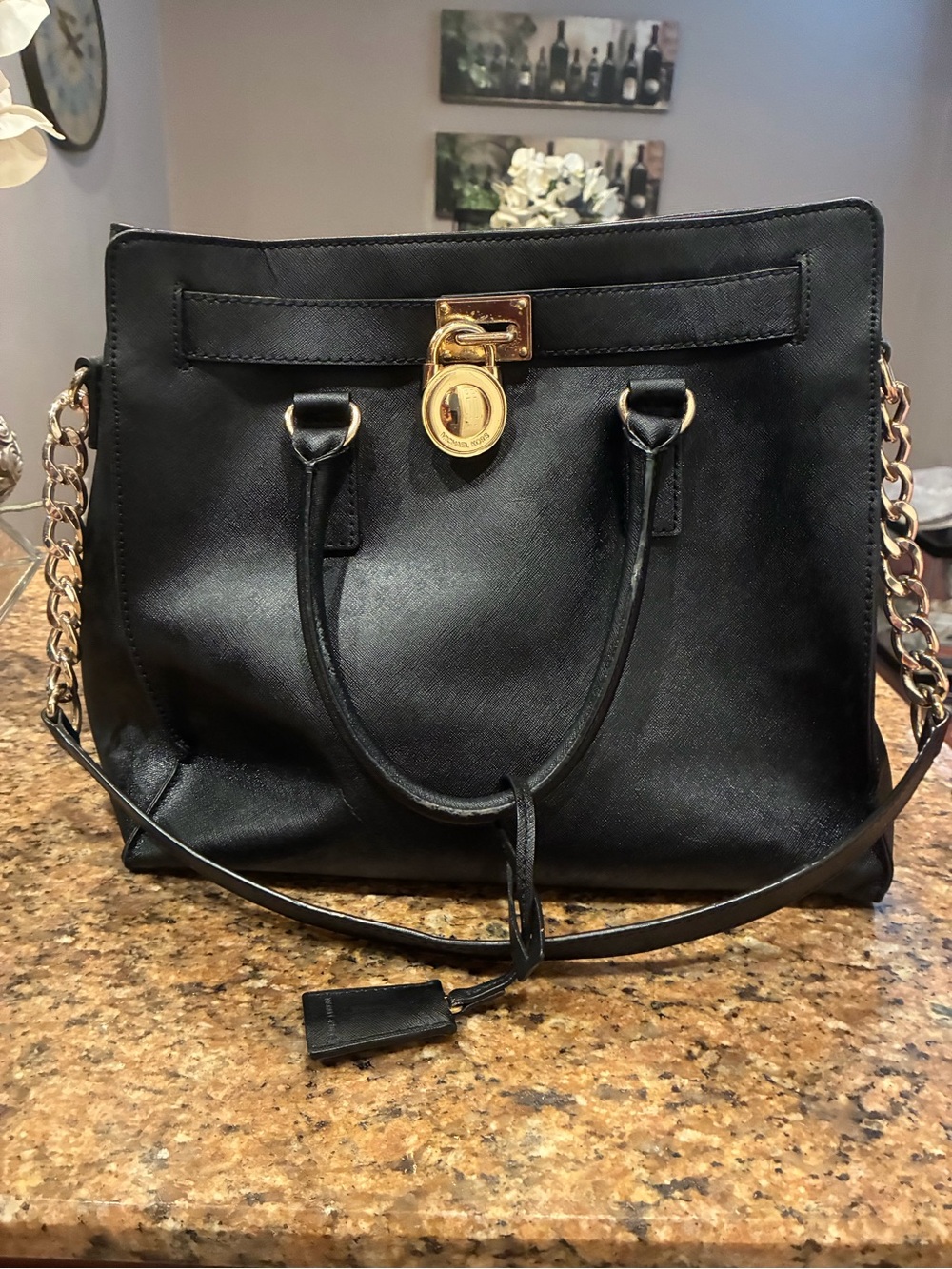 Michael Kors Black Leather Satchel with Gold-Tone Lock